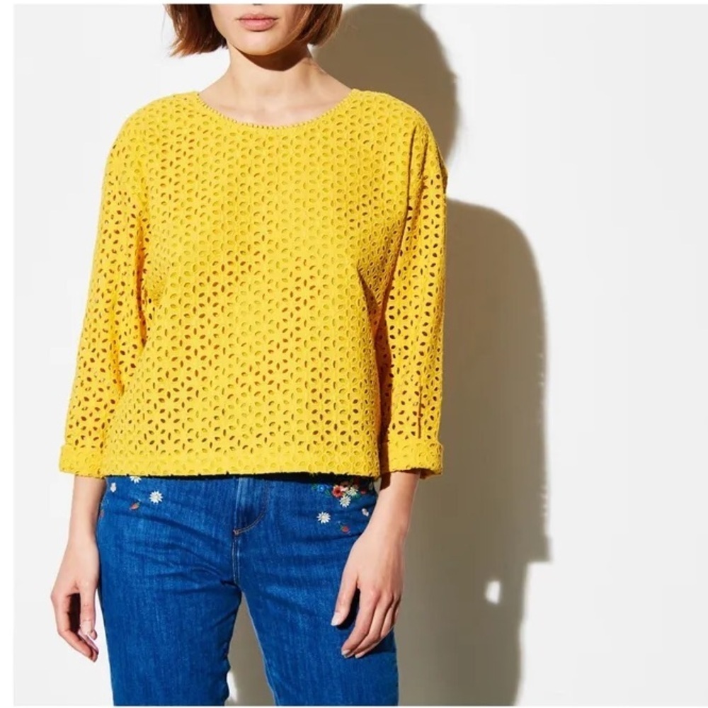 Des Petits Hauts Sabado Broderie Anglaise Yellow Eyelet Blouse Womens Size Small